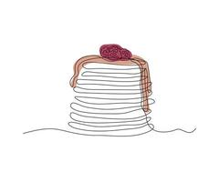 stack of pancakes, with honey topping and raspberries Continuous One Line Drawing vector