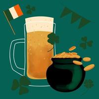 St. Patrick s Day illustration with a stylized mug of beer and a pot of gold coins on a green background vector