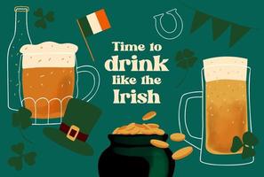 Patrick day card design with stylized illustration mugs of beer, pot coins and clover on green background vector