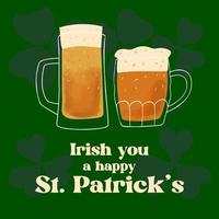 St. Patrick s Day greeting card with stylized beer mugs on green background vector