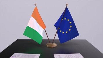Ierland en EU vlag Aan tafel. politiek transactie of bedrijf overeenkomst met land 3d animatie video