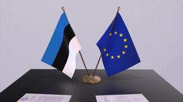 Estland und EU Flagge auf Tisch. Politik Deal oder Geschäft Zustimmung mit Land 3d Animation video