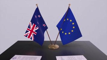 New Zealand and EU flag on table. Politics deal or business agreement with country 3D animation video