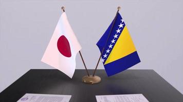 Bosnia and Herzegovina and Japan national flags, political deal, diplomatic meeting. Politics and business animation video
