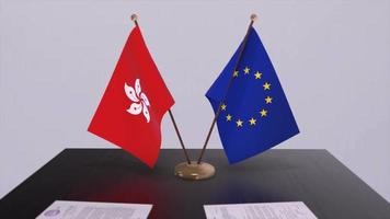 Hong Kong and EU flag on table. Politics deal or business agreement with country 3D animation video