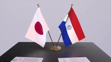 Paraguay and Japan national flags, political deal, diplomatic meeting. Politics and business animation video