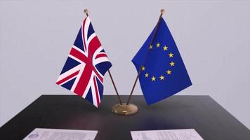 UK e Unione Europea bandiera su tavolo. politica affare o attività commerciale accordo con nazione 3d animazione video