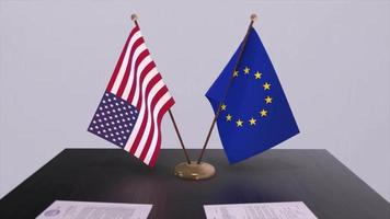 USA and EU flag on table. Politics deal or business agreement with country 3D animation video