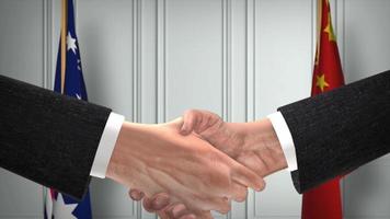 Australia and China Officials Business Meeting. Diplomacy Deal Animation. Partners Handshake 4K video