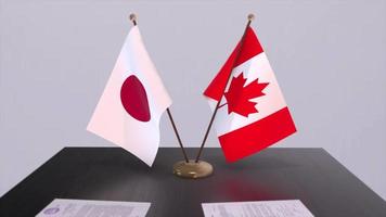 Canada and Japan national flags, political deal, diplomatic meeting. Politics and business animation video