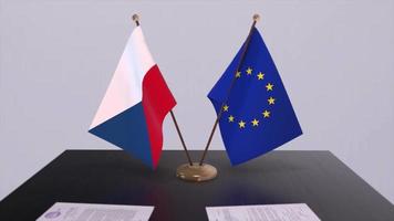 tcheco e eu bandeira em mesa. política acordo ou o negócio acordo com país 3d animação video