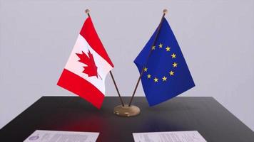 Canada and EU flag on table. Politics deal or business agreement with country 3D animation video
