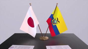 Ecuador and Japan national flags, political deal, diplomatic meeting. Politics and business animation video