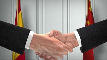 Spain and China Officials Business Meeting. Diplomacy Deal Animation. Partners Handshake 4K video