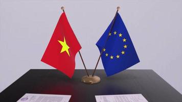 Vietnam and EU flag on table. Politics deal or business agreement with country 3D animation video
