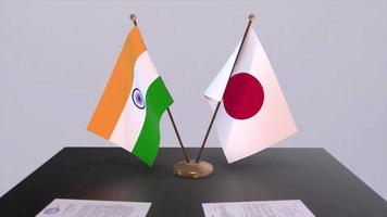 India and Japan national flags, political deal, diplomatic meeting. Politics and business animation video