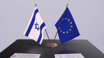 Israel and EU flag on table. Politics deal or business agreement with country 3D animation video