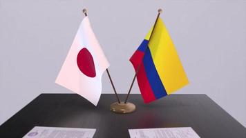 colombia och japan nationell flaggor, politisk handla, diplomatisk möte. politik och företag animering video