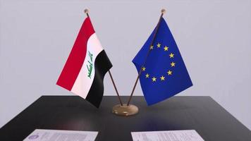 Irak und EU Flagge auf Tisch. Politik Deal oder Geschäft Zustimmung mit Land 3d Animation video