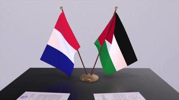 Jordan und Frankreich National Flaggen auf Tabelle im diplomatisch Konferenz Zimmer. Politik Deal Zustimmung video