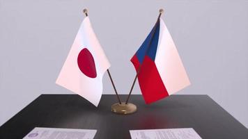 Czech and Japan national flags, political deal, diplomatic meeting. Politics and business animation video