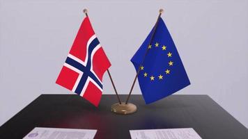 Norvegia e Unione Europea bandiera su tavolo. politica affare o attività commerciale accordo con nazione 3d animazione video