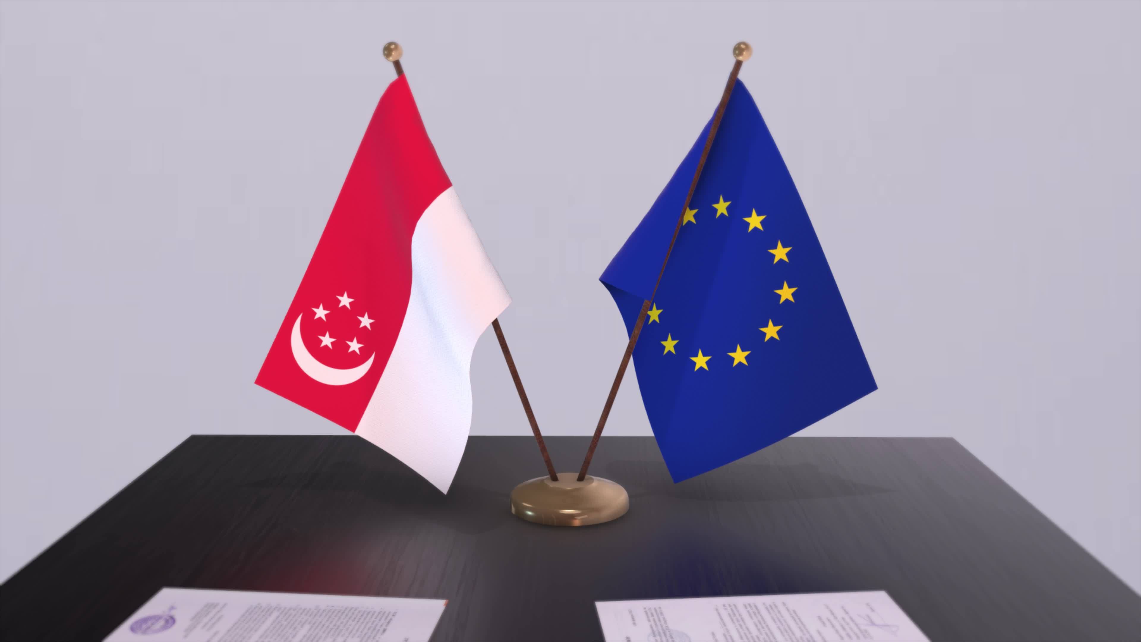 Singapore and EU flag on table. Politics deal or business agreement with  country 3D animation 20901217 Stock Video at Vecteezy