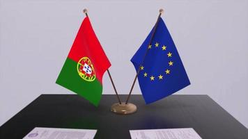Portogallo e Unione Europea bandiera su tavolo. politica affare o attività commerciale accordo con nazione 3d animazione video