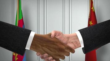 eritrea und China Beamte Geschäft treffen. Diplomatie Deal Animation. Partner Handschlag 4k video