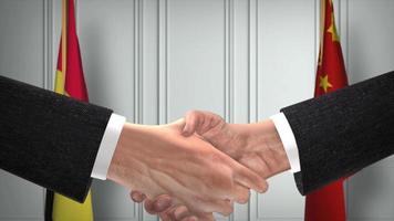 Belgium and China Officials Business Meeting. Diplomacy Deal Animation. Partners Handshake 4K video