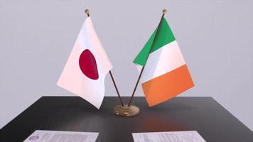 Irlanda e Japão nacional bandeiras, político negócio, diplomático reunião. política e o negócio animação video