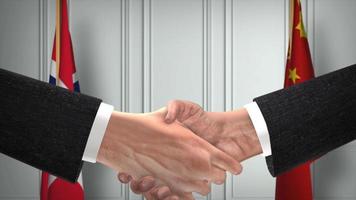 Norway and China Officials Business Meeting. Diplomacy Deal Animation. Partners Handshake 4K video