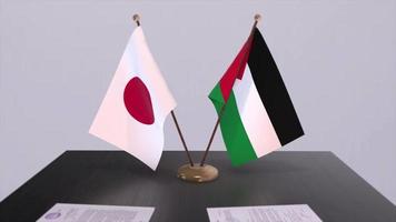 Palestine and Japan national flags, political deal, diplomatic meeting. Politics and business animation video