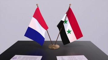 Syria and France national flags on table in diplomatic conference room. Politics deal agreement video