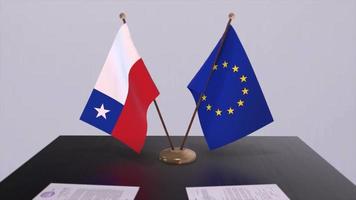 Chile and EU flag on table. Politics deal or business agreement with country 3D animation video