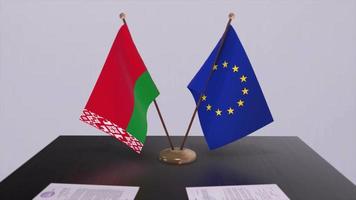Weißrussland und EU Flagge auf Tisch. Politik Deal oder Geschäft Zustimmung mit Land 3d Animation video