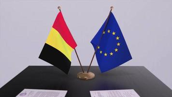 belgie en EU vlag Aan tafel. politiek transactie of bedrijf overeenkomst met land 3d animatie video