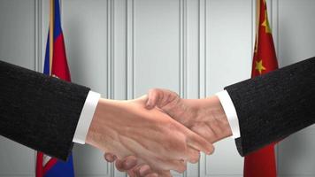 Cambodia and China Officials Business Meeting. Diplomacy Deal Animation. Partners Handshake 4K video