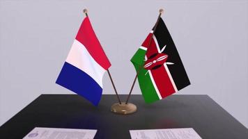 Kenia und Frankreich National Flaggen auf Tabelle im diplomatisch Konferenz Zimmer. Politik Deal Zustimmung video