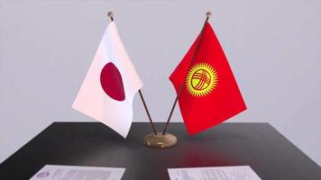 Kyrgyzstan and Japan national flags, political deal, diplomatic meeting. Politics and business animation video