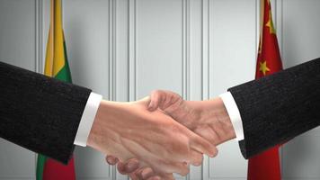 Lithuania and China Officials Business Meeting. Diplomacy Deal Animation. Partners Handshake 4K video