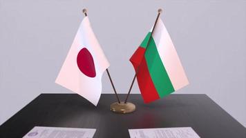 Bulgaria and Japan national flags, political deal, diplomatic meeting. Politics and business animation video