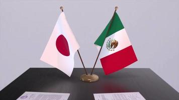 Mexico and Japan national flags, political deal, diplomatic meeting. Politics and business animation video