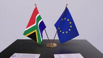 sur África y UE bandera en mesa. política acuerdo o negocio acuerdo con país 3d animación