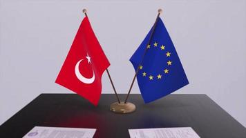 Turkey and EU flag on table. Politics deal or business agreement with country 3D animation video