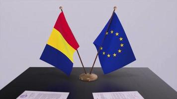 Romania e Unione Europea bandiera su tavolo. politica affare o attività commerciale accordo con nazione 3d animazione video