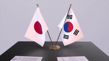 South Korea and Japan national flags, political deal, diplomatic meeting. Politics and business animation video