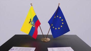 Ecuador und EU Flagge auf Tisch. Politik Deal oder Geschäft Zustimmung mit Land 3d Animation video