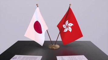 Hong Kong and Japan national flags, political deal, diplomatic meeting. Politics and business animation video