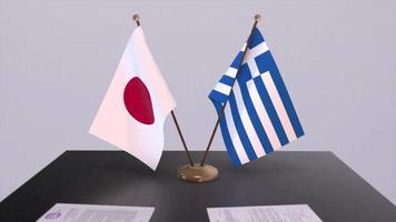 Grecia y Japón nacional banderas, político trato, diplomático reunión. política y negocio animación video